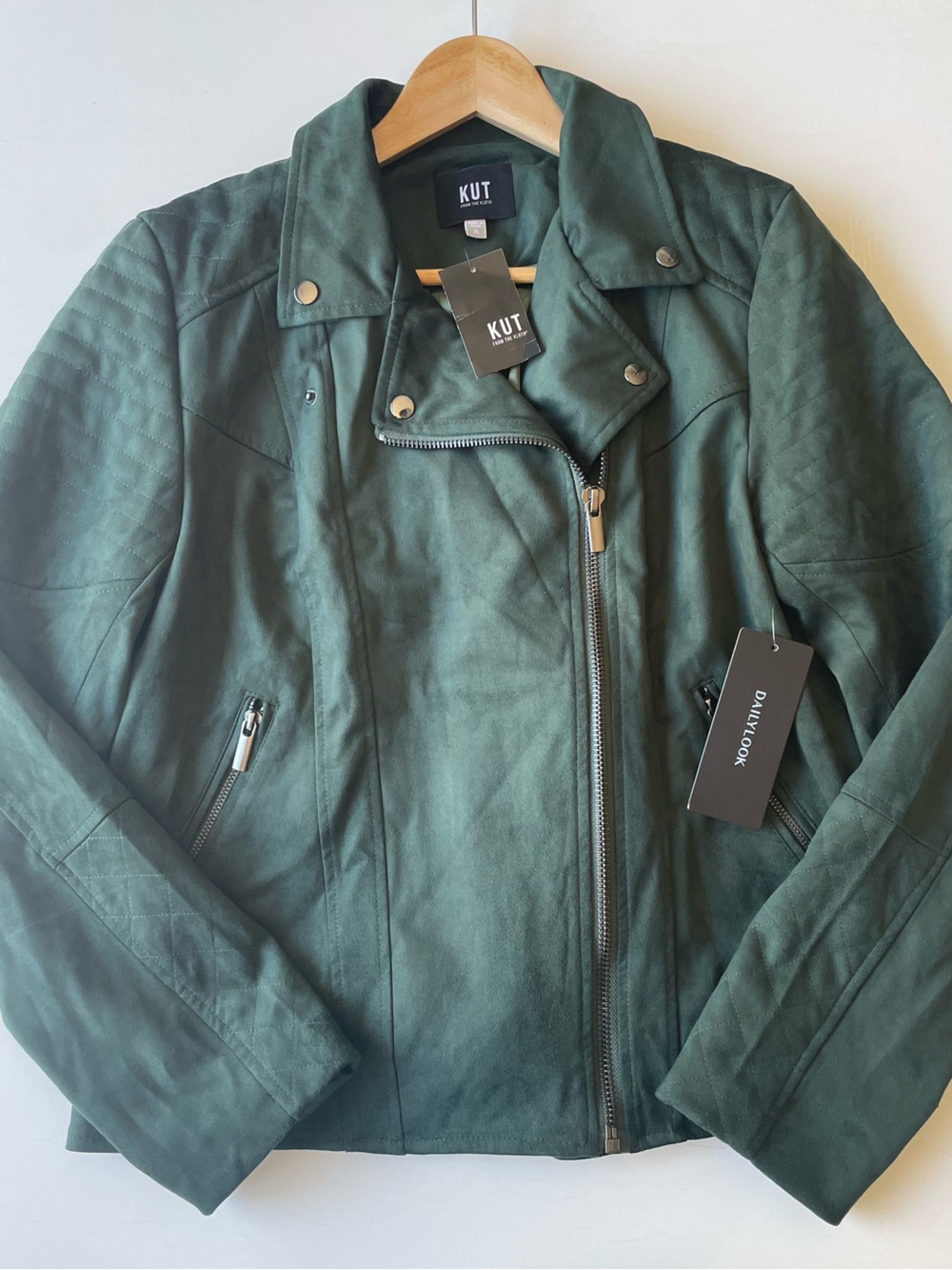 KUT from the Kloth Forest Green Quilted Moto Jacket Size XL NWT